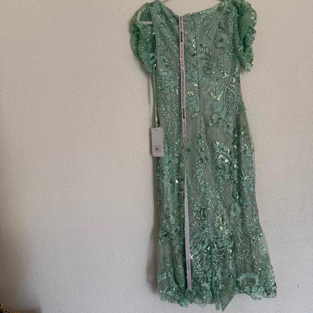 Mac Duggal Size 8 Mint Green 68266 Puff Sleeve V-Neck Embellished Midi Dress New - Picture 13 of 15